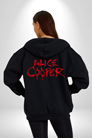Alice Cooper Rock Solist Metalin Babası From The İnside İçeriden 1978 Kadın Erkek Siyah Kapüşonlu Fermuarlı Baskılı Hırka Sweatshirt
