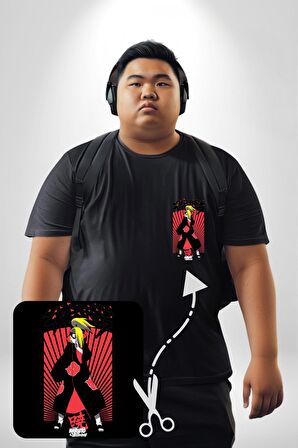 Naruto Shippuden Deidara Jutsu ile Kanji Siyah Büyük Beden Kadın Basic Minimal Baskılı Tişört