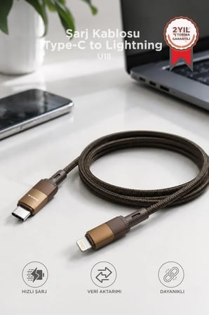 Premium Telefon Aksesuarı Hızlı Bağlantı Şarj Kablosu Type-C to Lightning U18 Kahverengi
