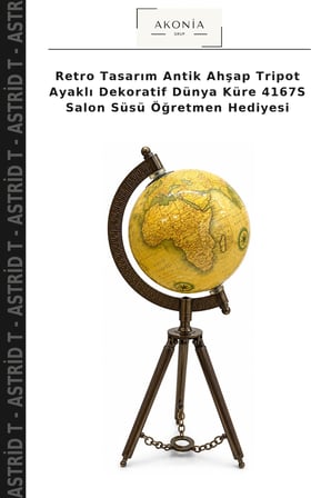 Retro Tasarım Antik Ahşap Tripot Ayaklı Dekoratif Dünya Küre 4167S Salon Süsü Öğretmen Hediyesi