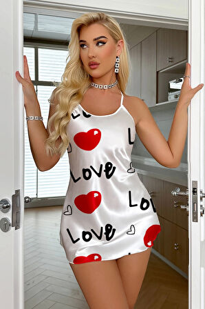 Love Desenli Beyaz Saten Gecelik