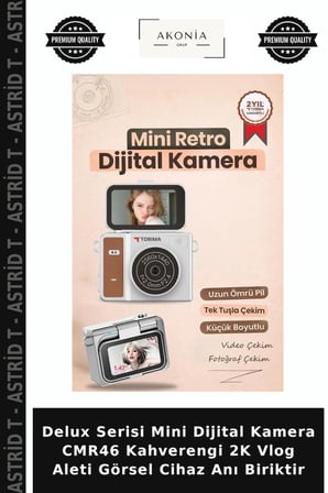 Delux Serisi Mini Dijital Kamera CMR46 Kahverengi 2K Vlog Aleti Görsel Cihaz Anı Biriktir