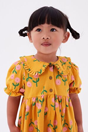 % 100 Pamuklu Sarı Kısa Kollu Çiçekli Elbise