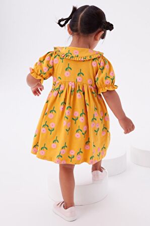 % 100 Pamuklu Sarı Kısa Kollu Çiçekli Elbise