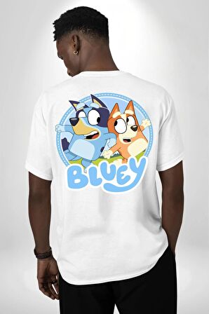 Bluey  Beyaz Oversize Kadın Erkek Ön ve Sırt Baskılı Tişört