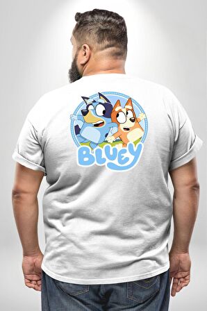 Bluey  Büyük Beden Beyaz Tişört Kadın Erkek Ünisex Sırt Baskılı