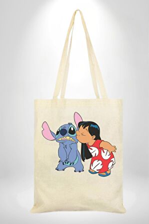 Lilo Ve Stitch Öpücük 35X40 Kadın Erkek Çocuk Ekru Ham Bez Çanta