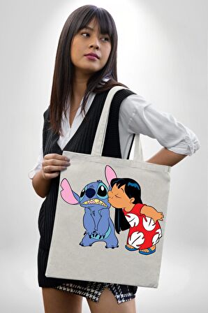 Lilo Ve Stitch Öpücük 35X40 Kadın Erkek Çocuk Ekru Ham Bez Çanta