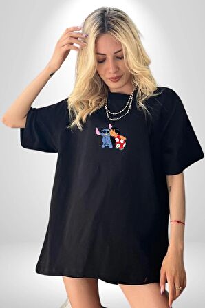 Lilo Ve Stitch Öpücük Siyah Oversize Kadın Erkek Ön Orta Minimal Baskılı Tişört