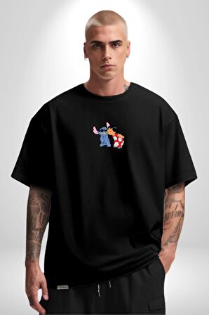 Lilo Ve Stitch Öpücük Siyah Oversize Kadın Erkek Ön Orta Minimal Baskılı Tişört