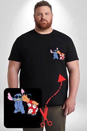 Lilo Ve Stitch Öpücük Siyah Büyük Beden Kadın Basic Minimal Baskılı Tişört