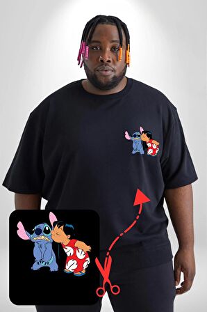 Lilo Ve Stitch Öpücük Siyah Büyük Beden Kadın Basic Minimal Baskılı Tişört