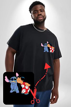 Lilo Ve Stitch Öpücük Siyah Büyük Beden Kadın Basic Minimal Baskılı Tişört