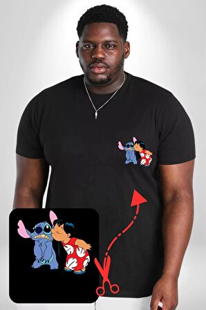 Lilo Ve Stitch Öpücük Siyah Büyük Beden Kadın Basic Minimal Baskılı Tişört