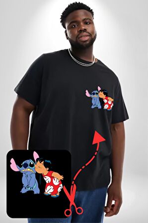 Lilo Ve Stitch Öpücük Siyah Büyük Beden Kadın Basic Minimal Baskılı Tişört