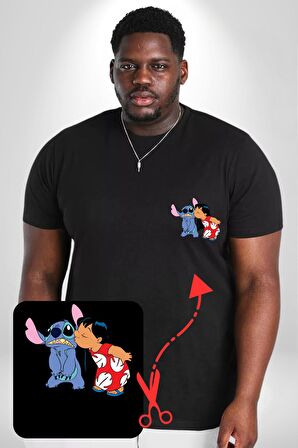 Lilo Ve Stitch Öpücük Siyah Büyük Beden Kadın Basic Minimal Baskılı Tişört