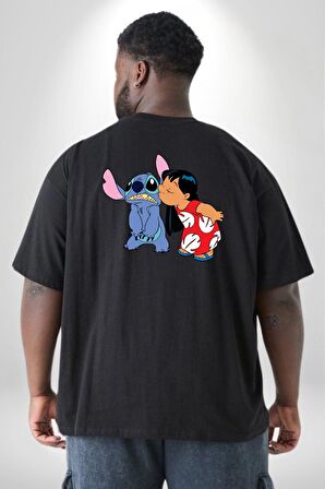 Lilo Ve Stitch Öpücük Büyük Beden Siyah Tişört Kadın Erkek Ünisex Sırt Baskılı