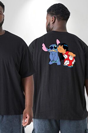 Lilo Ve Stitch Öpücük Büyük Beden Siyah Tişört Kadın Erkek Ünisex Sırt Baskılı