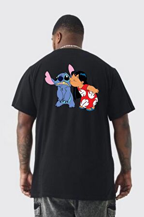 Lilo Ve Stitch Öpücük Büyük Beden Siyah Tişört Kadın Erkek Ünisex Sırt Baskılı