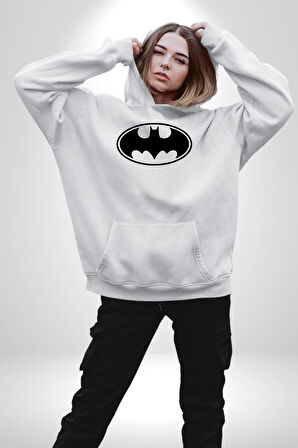 Batman Kadın Erkek  Beyaz Kapüşonlu Sweatshirt Hoodie