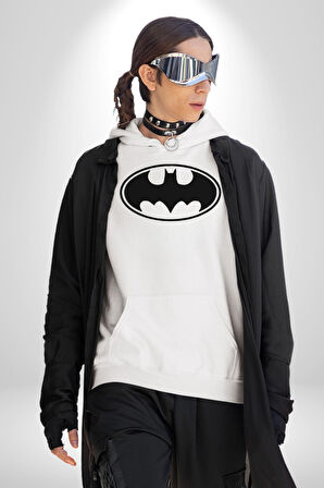Batman Kadın Erkek  Beyaz Kapüşonlu Sweatshirt Hoodie