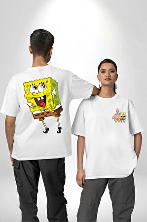 Patric ve Sünger Bob Beyaz Oversize Kadın Erkek Ön ve Sırt Baskılı Tişört
