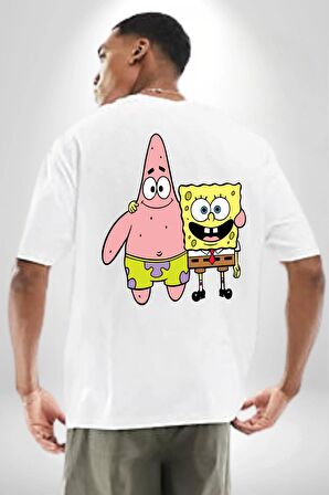Patric ve Sünger Bob Beyaz Oversize Kadın Erkek Ön ve Sırt Baskılı Tişört