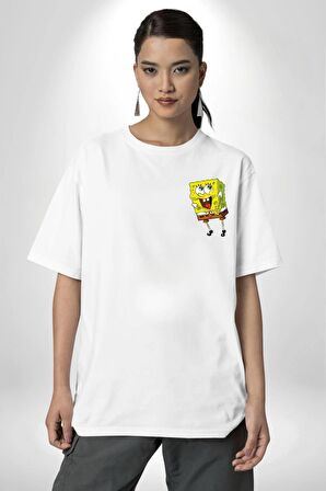 Patric ve Sünger Bob Beyaz Oversize Kadın Erkek Ön ve Sırt Baskılı Tişört