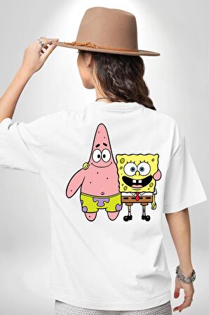 Patric ve Sünger Bob Beyaz Oversize Kadın Erkek Ön ve Sırt Baskılı Tişört