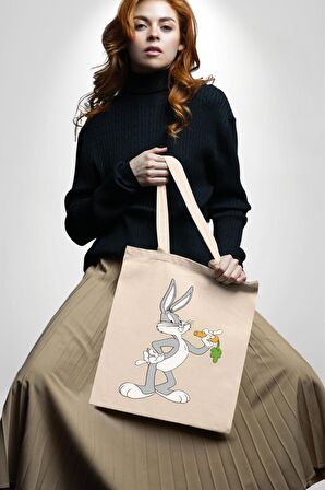 Bugs Bunny 35X40 Kadın Erkek Çocuk Ekru Ham Bez Çanta