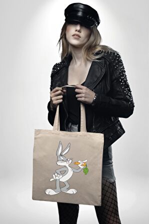 Bugs Bunny 35X40 Kadın Erkek Çocuk Ekru Ham Bez Çanta