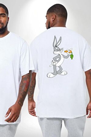 Bugs Bunny Büyük Beden Beyaz Tişört Kadın Erkek Ünisex Sırt Baskılı