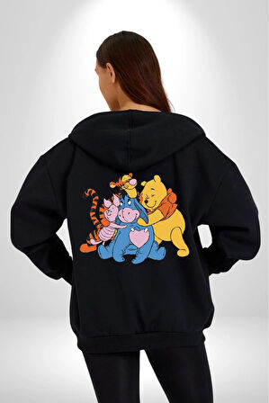 Winnie the Pooh Piglet Bal Küpü Kadın Erkek Siyah Kapüşonlu Fermuarlı Baskılı Hırka Sweatshirt