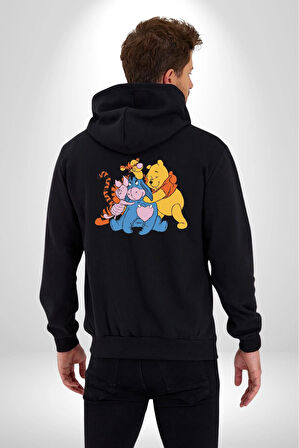 Winnie the Pooh Piglet Bal Küpü Kadın Erkek Siyah Kapüşonlu Fermuarlı Baskılı Hırka Sweatshirt