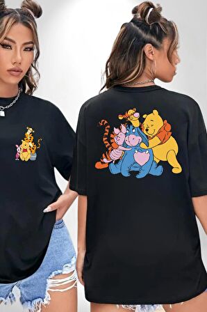 Winnie the Pooh Piglet Bal Küpü Siyah Oversize Kadın Erkek Ön ve Sırt Baskılı Tişört