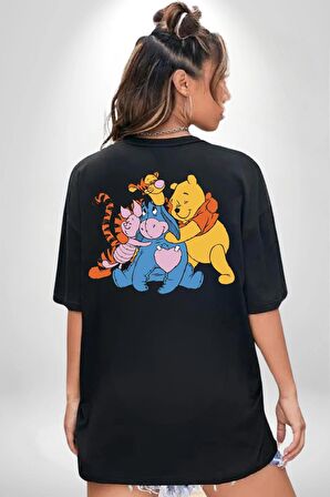 Winnie the Pooh Piglet Bal Küpü Siyah Oversize Kadın Erkek Ön ve Sırt Baskılı Tişört