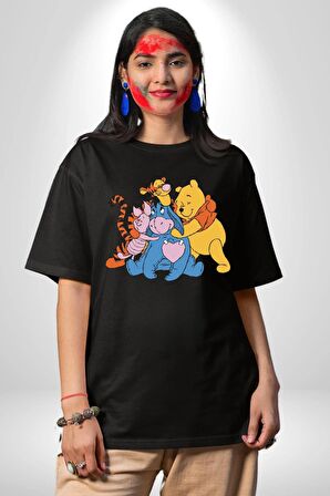 Winnie the Pooh Piglet Bal Küpü Pamuklu Bisiklet Yaka Kadın Erkek Oversize Boyfriend Dijital Baskılı Siyah T-shirt