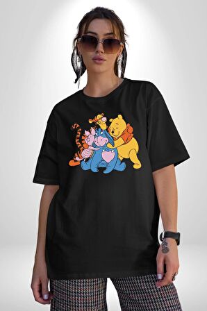 Winnie the Pooh Piglet Bal Küpü Pamuklu Bisiklet Yaka Kadın Erkek Oversize Boyfriend Dijital Baskılı Siyah T-shirt