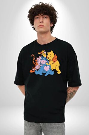 Winnie the Pooh Piglet Bal Küpü Pamuklu Bisiklet Yaka Kadın Erkek Oversize Boyfriend Dijital Baskılı Siyah T-shirt