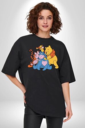 Winnie the Pooh Piglet Bal Küpü Pamuklu Bisiklet Yaka Kadın Erkek Oversize Boyfriend Dijital Baskılı Siyah T-shirt