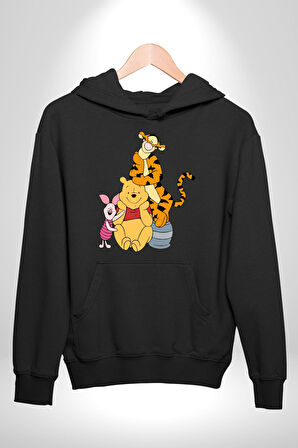 Winnie the Pooh Piglet Tiger Kadın Erkek  Siyah Kapüşonlu Sweatshirt Hoodie