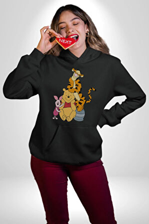 Winnie the Pooh Piglet Tiger Kadın Erkek  Siyah Kapüşonlu Sweatshirt Hoodie