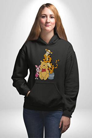 Winnie the Pooh Piglet Tiger Kadın Erkek  Siyah Kapüşonlu Sweatshirt Hoodie
