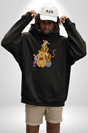 Winnie the Pooh Piglet Tiger Kadın Erkek  Siyah Kapüşonlu Sweatshirt Hoodie