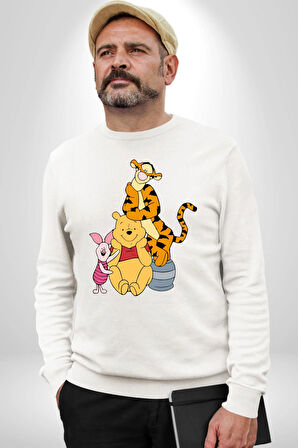 Winnie the Pooh Piglet Tiger Kadın Erkek Beyaz Sweatshirt 