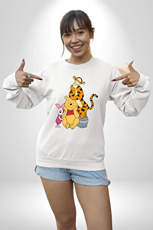 Winnie the Pooh Piglet Tiger Kadın Erkek Beyaz Sweatshirt 