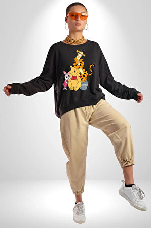 Winnie the Pooh Piglet Tiger Kadın Erkek Siyah Sweatshirt 