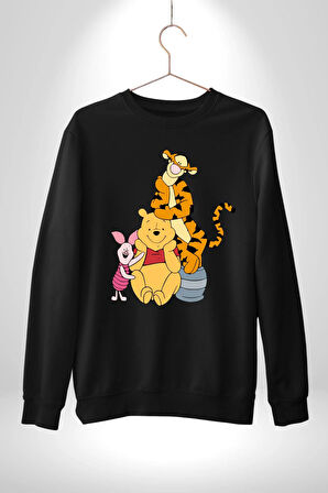 Winnie the Pooh Piglet Tiger Kadın Erkek Siyah Sweatshirt 