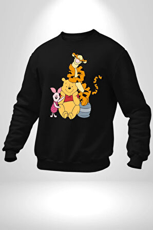 Winnie the Pooh Piglet Tiger Kadın Erkek Siyah Sweatshirt 