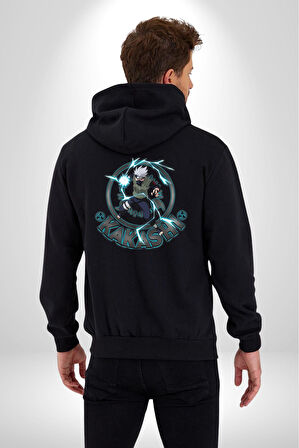 Naruto Shippuden Kakashi Lighting Kadın Erkek Siyah Kapüşonlu Fermuarlı Baskılı Hırka Sweatshirt